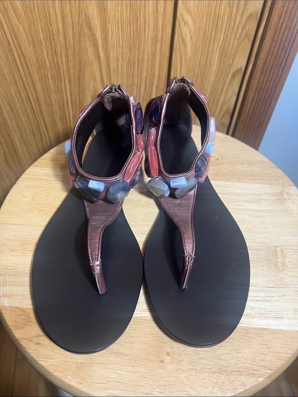 Elizabeth and James Brown T-Strap Sandals with Blue and Purple Gem Accents